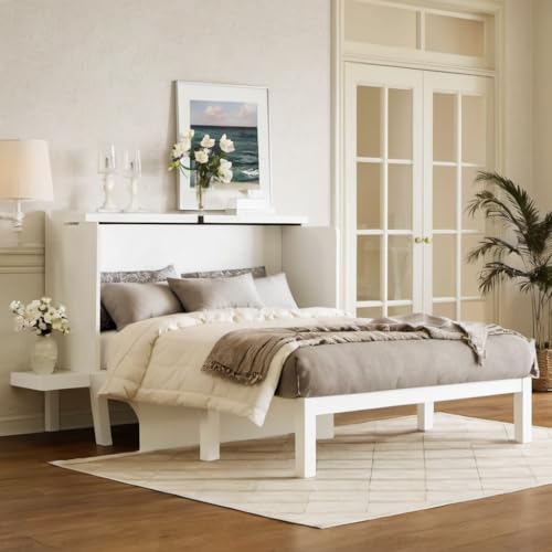 Queen Murphy Bed with Desk and Removable Shelves on Each Side, Murphy Bed Chest Murphy Bed Frame w/USB Port for Home Office, Studio or Guest Room