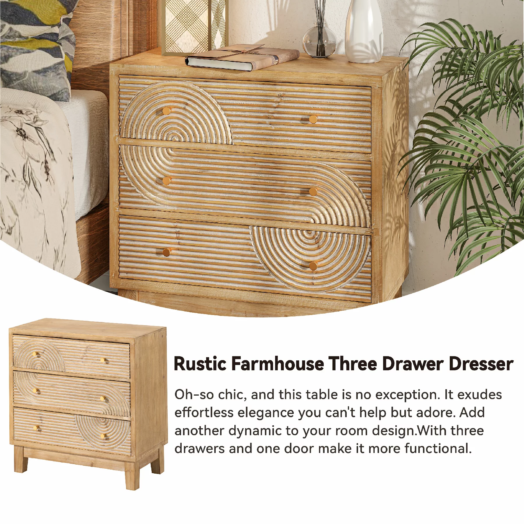 COZAYH 3-Drawer Farmhouse Dresser with Handicraft Wood Ring Motif, Fully Assembled Nightstand Wooden Finish for Boho, Mid-century, Rustic Style