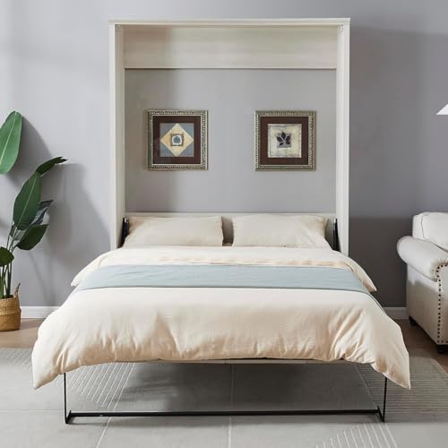 MERITLINE Queen Size Murphy Bed with Storage Bookcase Shelves,Cabinet and Charging Station,Wood Folding White Murphy Wall Bed
