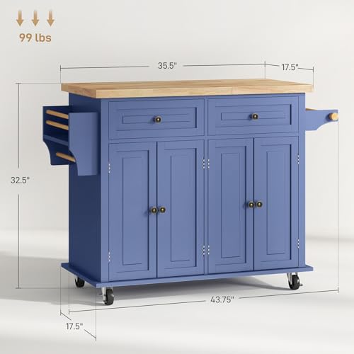 HOMCOM Kitchen Island on Wheels, Rolling Cart with Rubberwood Top, Spice Rack, Towel Rack and Drawers for Dining Room, Navy Blue