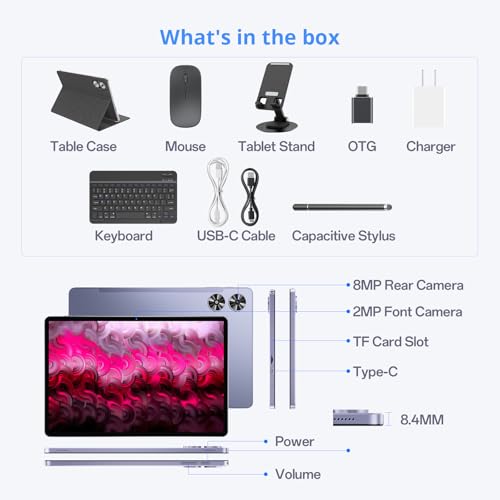 2025 Android 15 Tablet with Keyboard, 16GB+128GB 11 Inch Octa-Core 2-in-1 Tablets Dual Camera 5+13 MP, 5G/2.4G WiFi, 8000mAh, BT5.0, GMS Certified