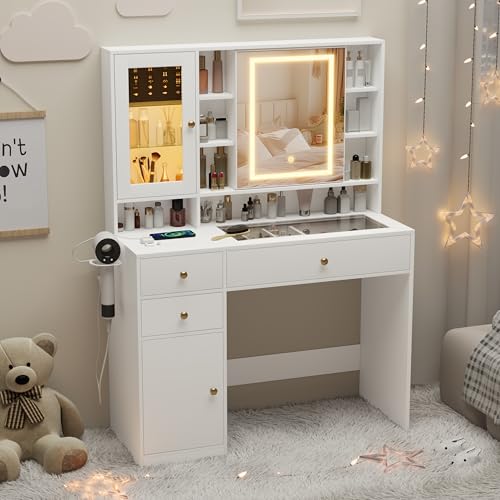 Makeup Vanity Desk with Mirror and Lights, White Vanity with Glass Top, LED Lights & Power Outlet, 3 Drawers & 2 RGB Glass Cabinets