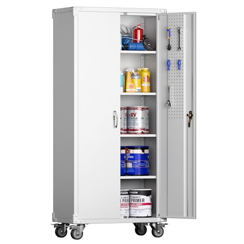 71" Metal Storage Cabinet with Wheels and Pegboard, Lockable Rolling Steel Storage Cabinet with 5 Adjustable Shelves and Door for Garage, Office