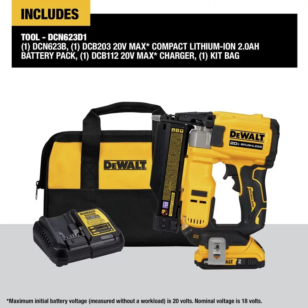 DEWALT ATOMIC 20V MAX Lithium Ion Cordless 23 Gauge Pin Nailer Kit with 2.0Ah Battery and Charger (DCN623D1)
