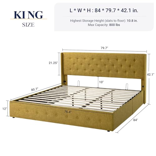 Allewie Full Size Lift Up Storage Bed, Modern Wingback Headboard, Hydraulic Support, No Box Spring Needed, Light Beige