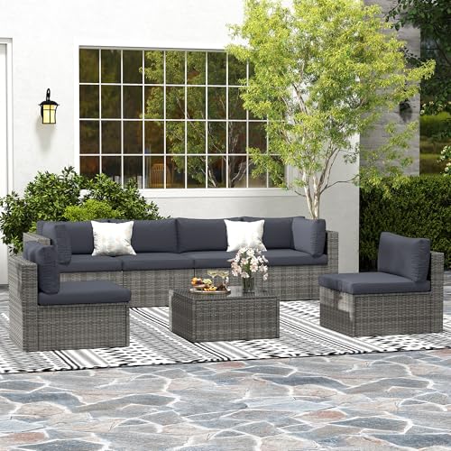 7 Pieces Outdoor Patio Furniture Sets with Glass Tea Table, PE Rattan Wicker Patio Conversation Set with Washable Cushions