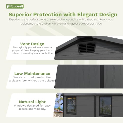 Patiowell 6 x 8 FT Plastic Outdoor Storage Shed with Floor, Resin Outside Tool Shed with Two Windows and Lockable Easy to Install, Door for Garden