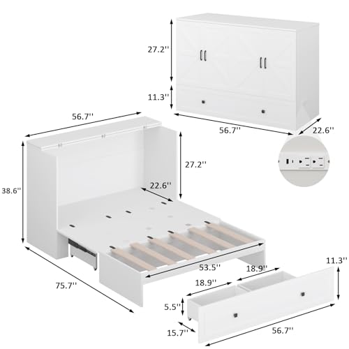 Queen Murphy Bed with Storage & Charging Station, Murphy Cabinet with Foldable Panel, Noisy Free, for Guest Bedroom, Living Room, Office