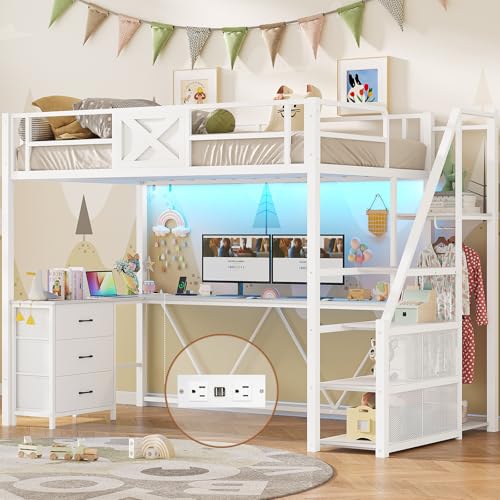 Itaar Stairway Twin Size Loft Bed with L Shaped Desk and Wardrobe, Metal Loft Bed Frame with Storage Stairs,3 Fabric Drawers