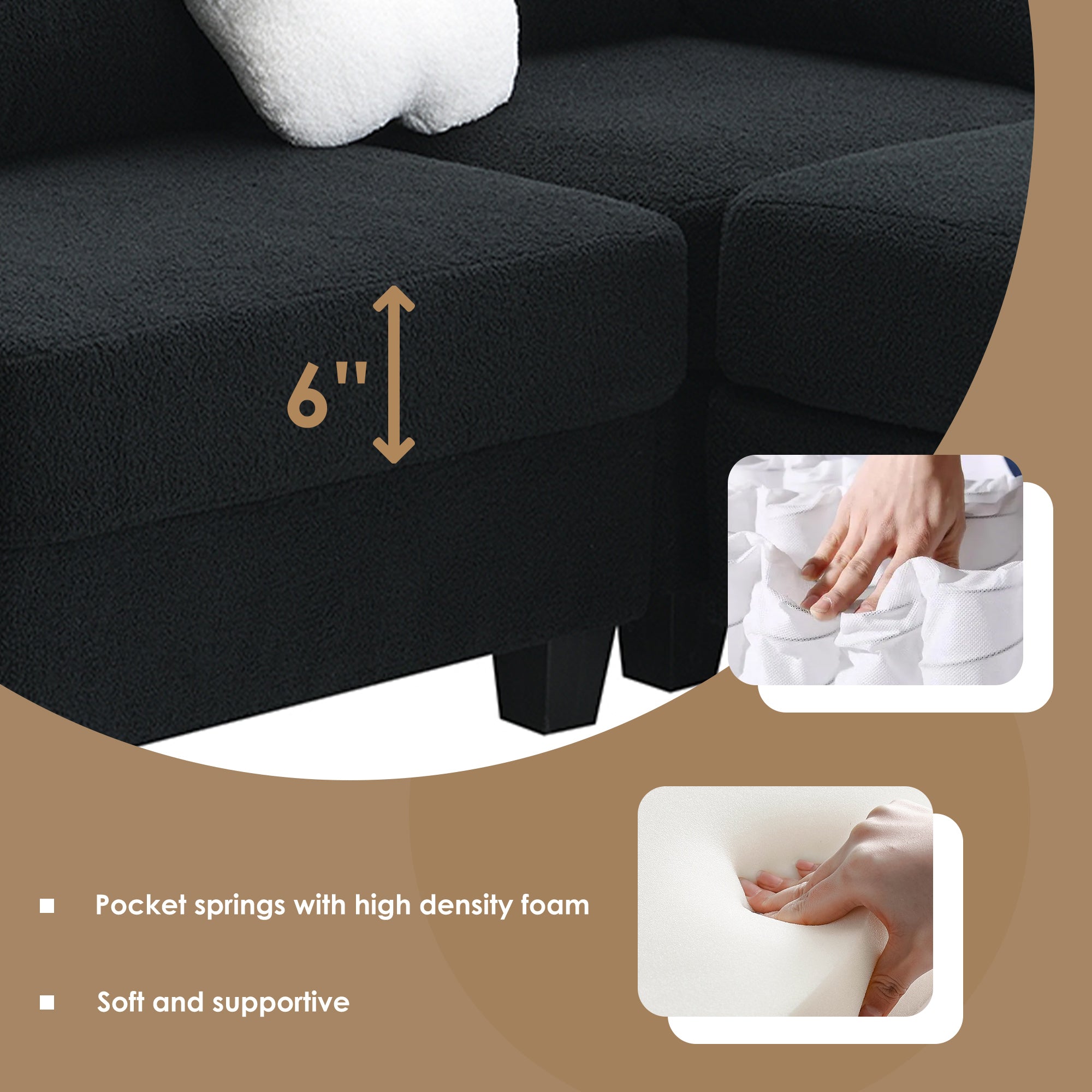 Fayen Velvet Sectional Sofa with Storage Ottoman - Black