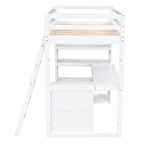 Twin Loft Bed with Staircase, Desk and Wardrobe, Wood Loft Bed with Storage Shelves and Safety Guardrail