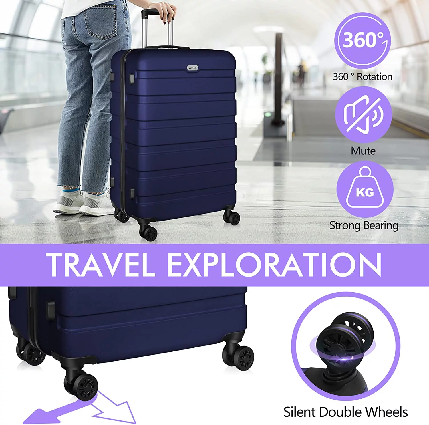 Luggage Sets 3 Piece AnyZip PC ABS Hardside Lightweight Suitcase with 4 Universal Wheels TSA Lock Carry On 20 24 28 Inch Dark Blue