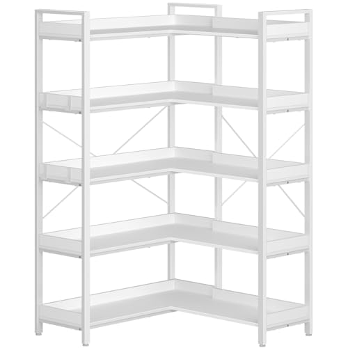 Rolanstar Bookshelf 5 Tier with 4 Hooks, Reversible Corner Bookshelf