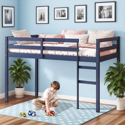 Low Loft Bed Twin Size, Kids Solid Wood Modern Loft Bed Frame with Ladder and Safety Guardrail for Girls Boys, Noise-Free,Non-Toxic Finishes