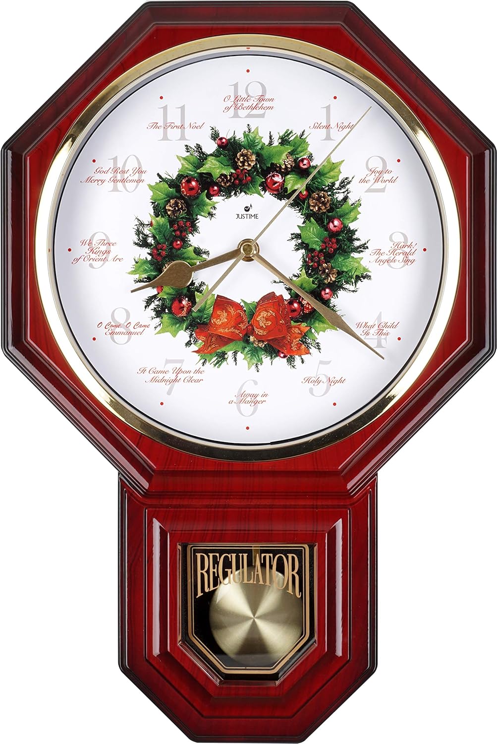 JUSTIME Special Edition Schoolhouse 12 Song of Carols of Christmas Wreath Melody Plastic Wall Clock, Made in Taiwan (TCXM0258-R Red Mahogany)