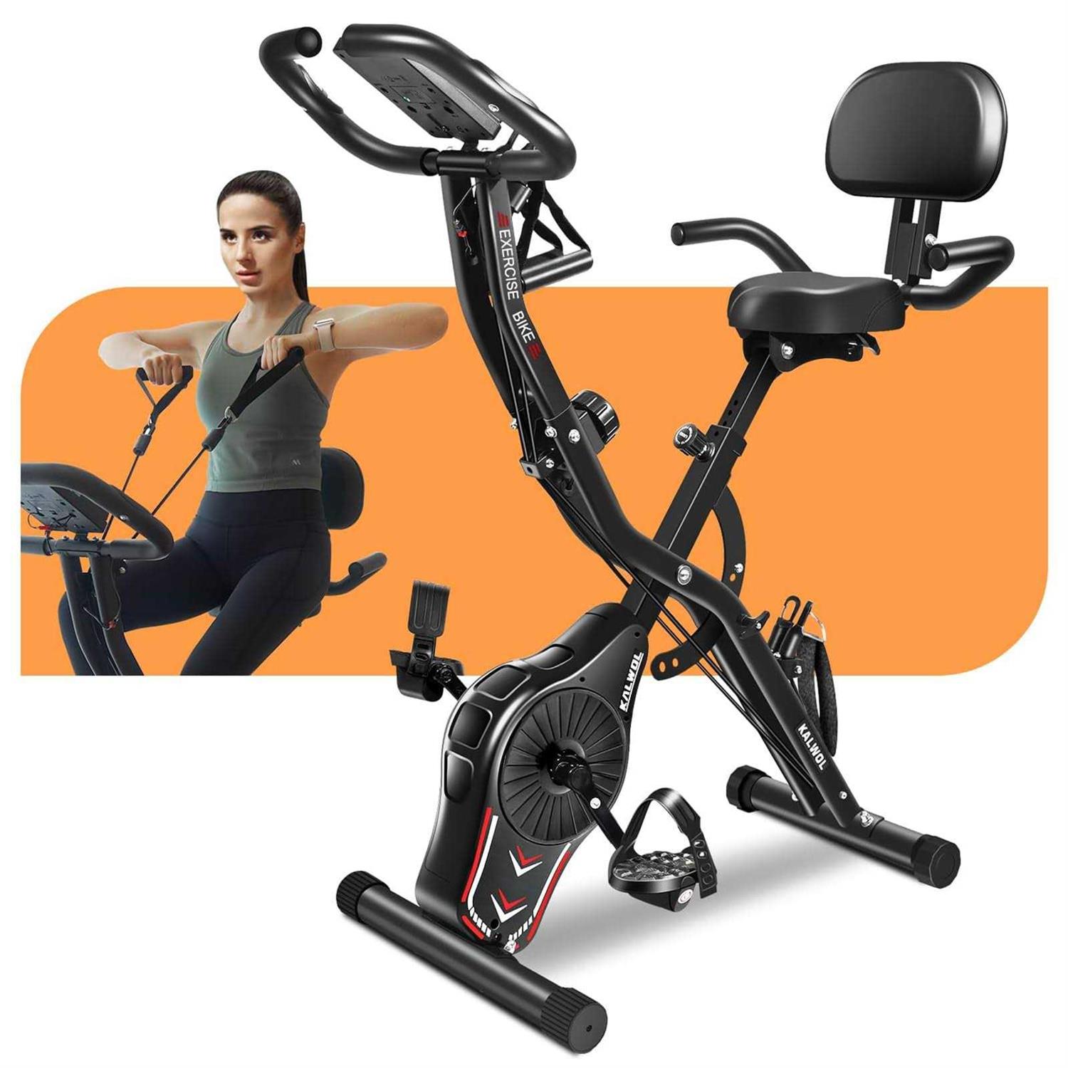 KALWOL Folding Exercise Bike 5-in-1 Foldable Stationary Bike Upgraded 16-level Magnetic Resistance 10DB Near-silent Bike Upright Indoor Exercise Bike