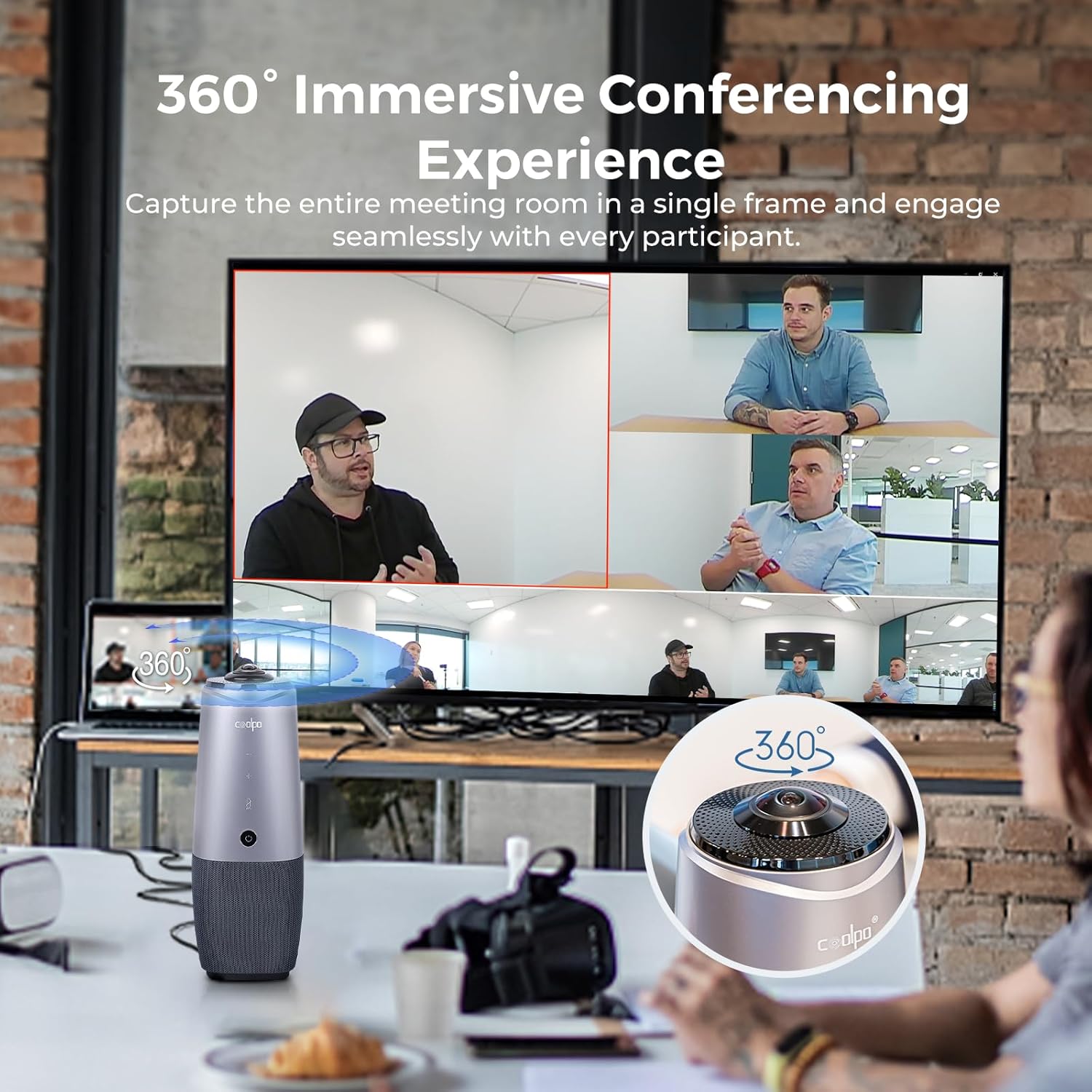 Webcam, 360 Video Conference Camera, 4K All-in-one Conference Room Camera with Speaker, Microphone, Meeting Room Camera, AI Speaker Tracking