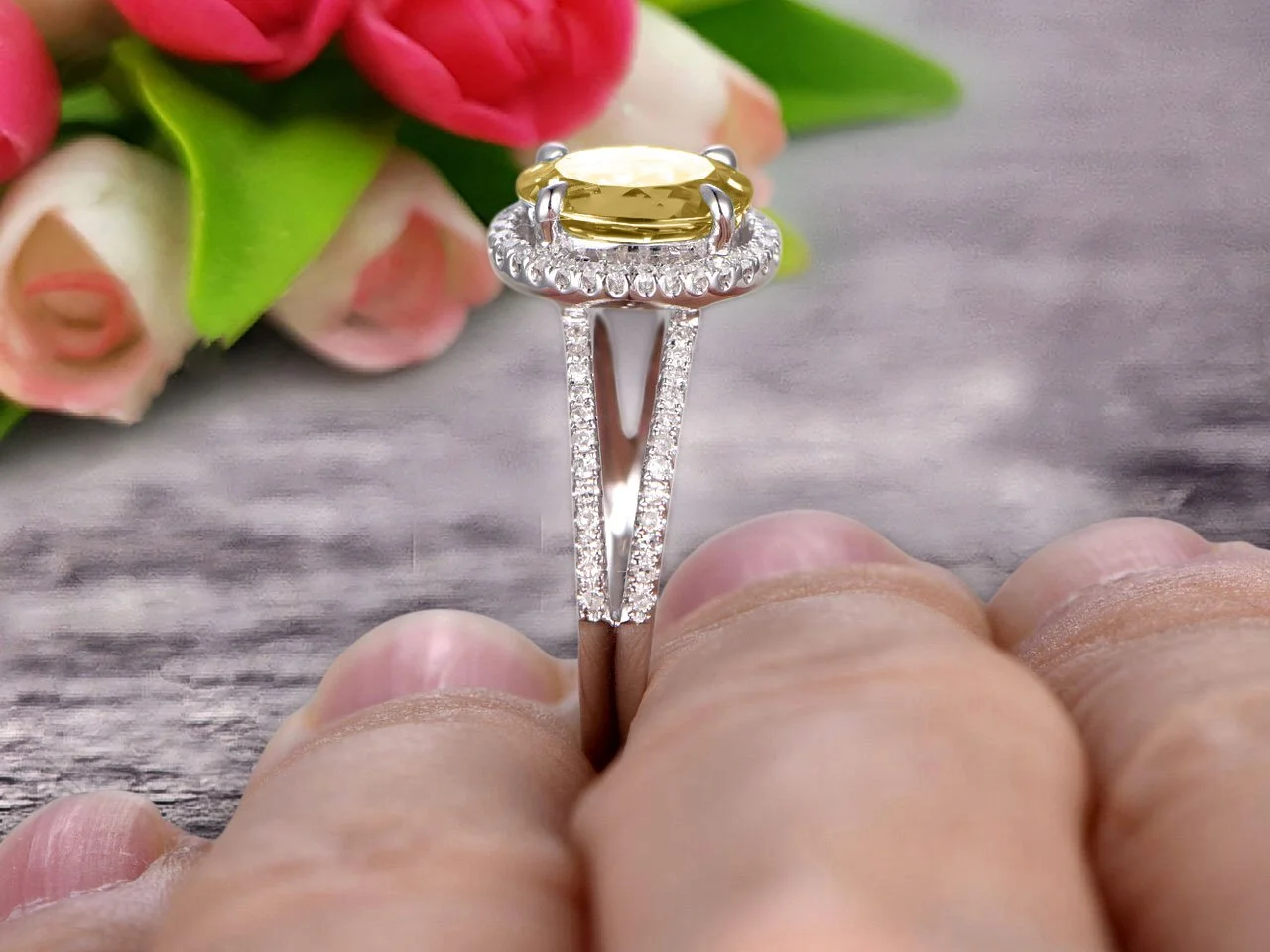 2.25 Carat 8x6mm Oval Shape Gemstone With Split Shank Halo Design Champagne Diamond Moissanite Engagement Ring Wedding Ring Anniversary Gift On 10k