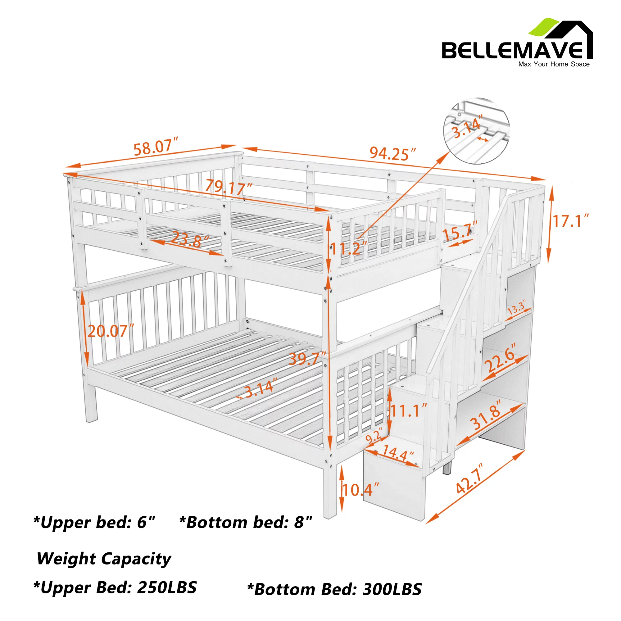 BELLEMAVE Full over Full Bunk Beds for Kids, Kids Bunk Beds with Storage Stairs and Full-Length Guardrail, Convertible Into 2 Bed