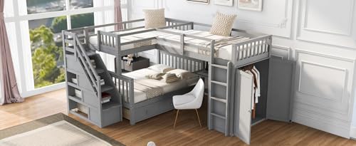 L-Shape Triple Bunk Beds with Stairs and Desk, Wood Twin-Over-Full Bunk Bed with Storage Wardrobe, Shelves and Drawers