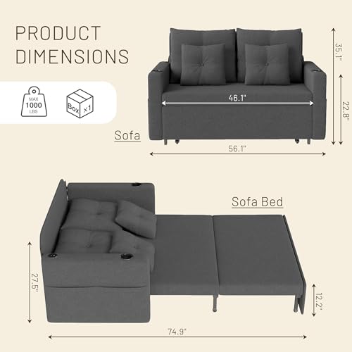 3 in 1 Pull Out Couch, 56 Inch Convertible Sleeper Sofa Bed, Loveseat Sofa with Cup Holders, USB, Sofa Couches for Living Room, Bedroom, Apartment