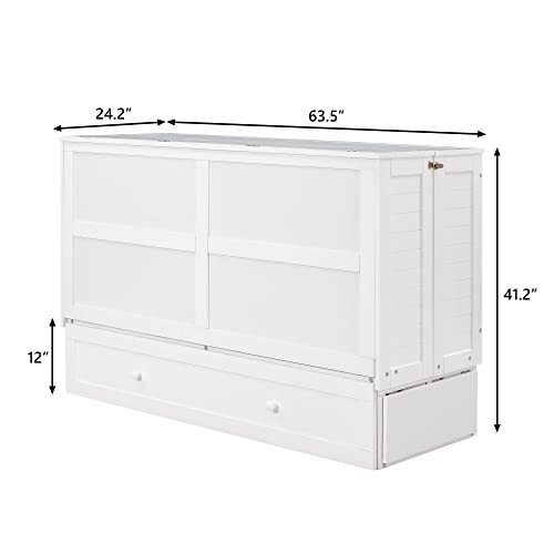 Queen Size Solid Pine Murphy Bed Chest,Cabinet Hideaway Bed with Charging Station and Large Storage Drawer,Wood Wall Bed can be Folded