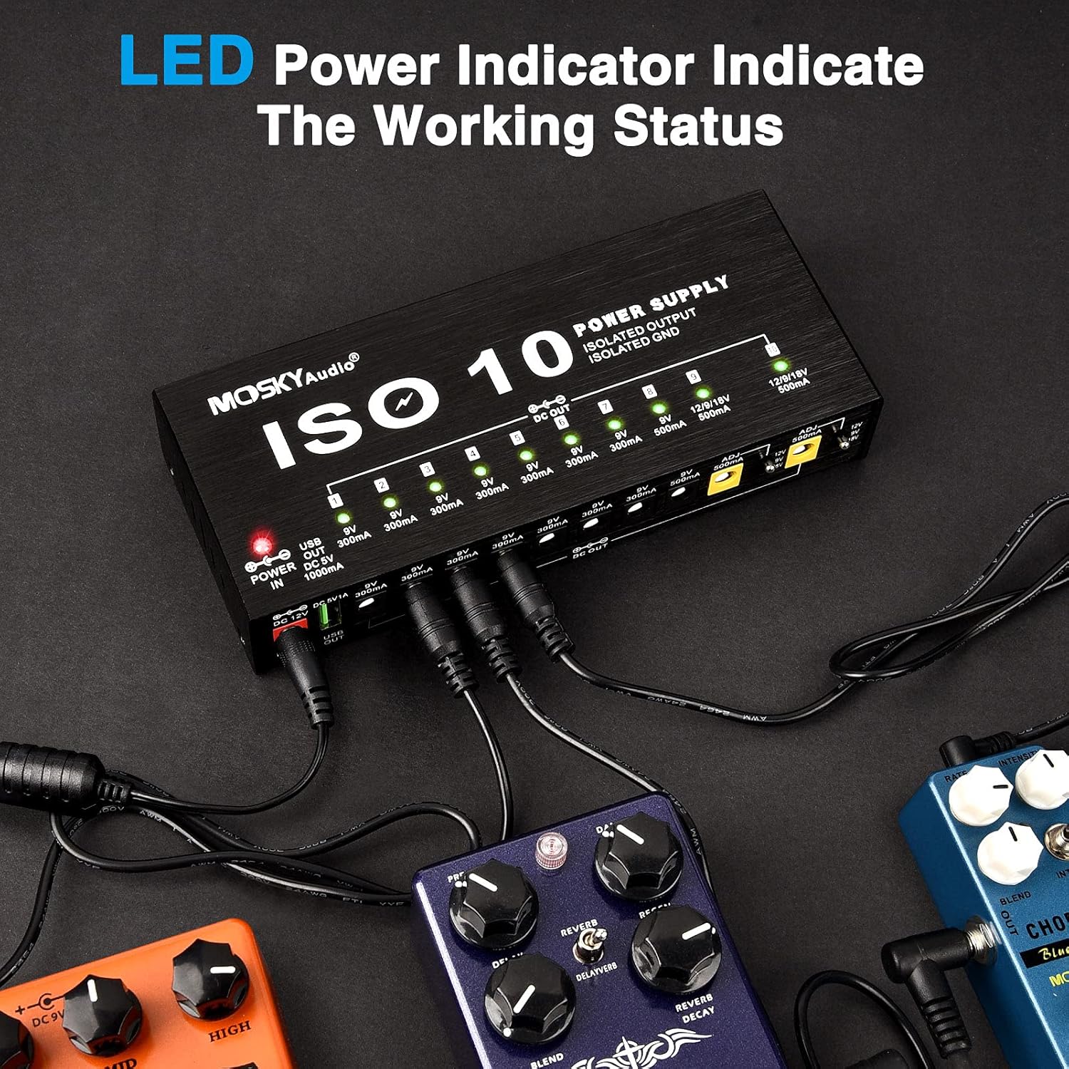CAMOLA Mosky Guitar Pedal Power Supply 10 Isolated DC Output 9V 12V 18V 300mA 500mA Guitar Effects Pedal Board Power Supply with Short