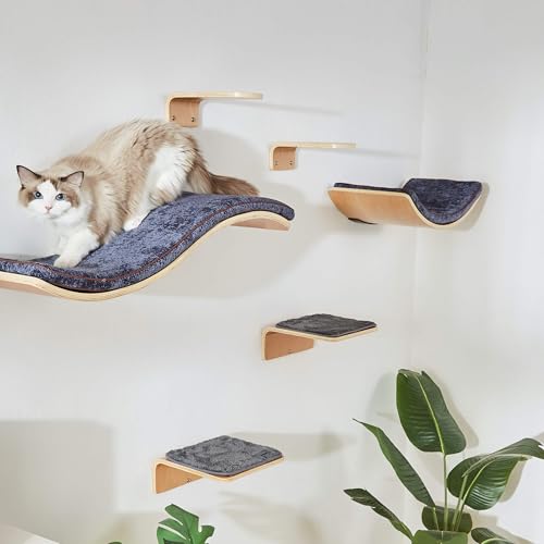 Cat Wall Shelf with Two Steps - Wave Cat Shelves and Perches for Wall - Wall Mounted Cats Furniture for Sleeping, Playing, Climbing, and Lounging