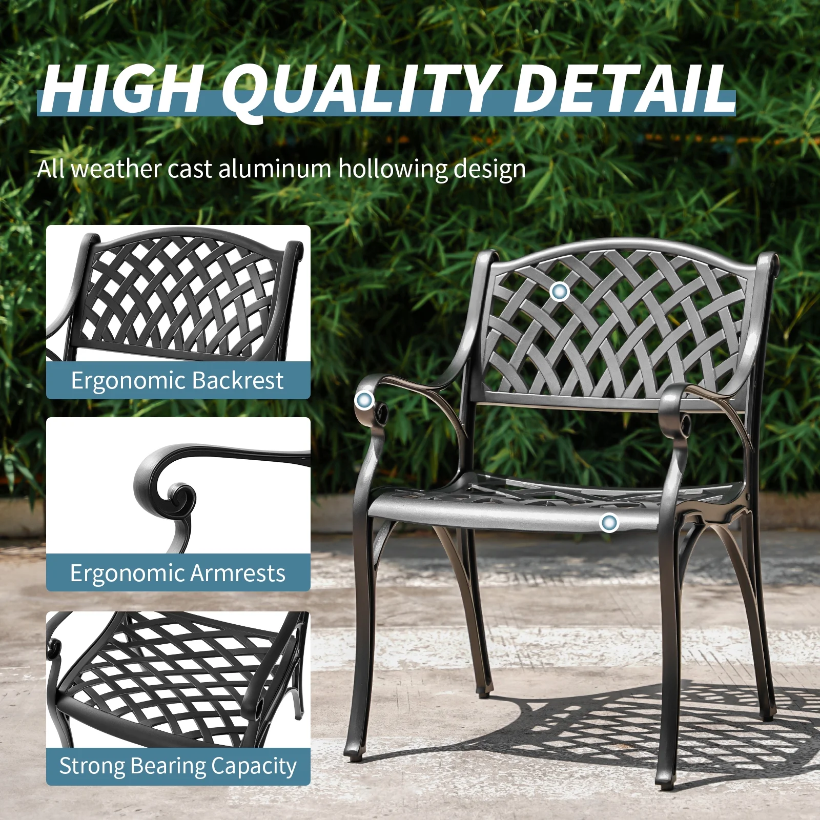 PATIO-IN Cast Aluminum Patio Chairs Set of 2, All Weather Outdoor Patio Dining Chairs with Arms,Matel Bistro Chairs for Outdoorside,Black