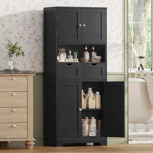 57.8“H Tall Bathroom Cabinet, Storage Cabinet with 2 Drawers & 2 Adjustable Shelves, Bathroom Storage Cabinet with 4 Doors
