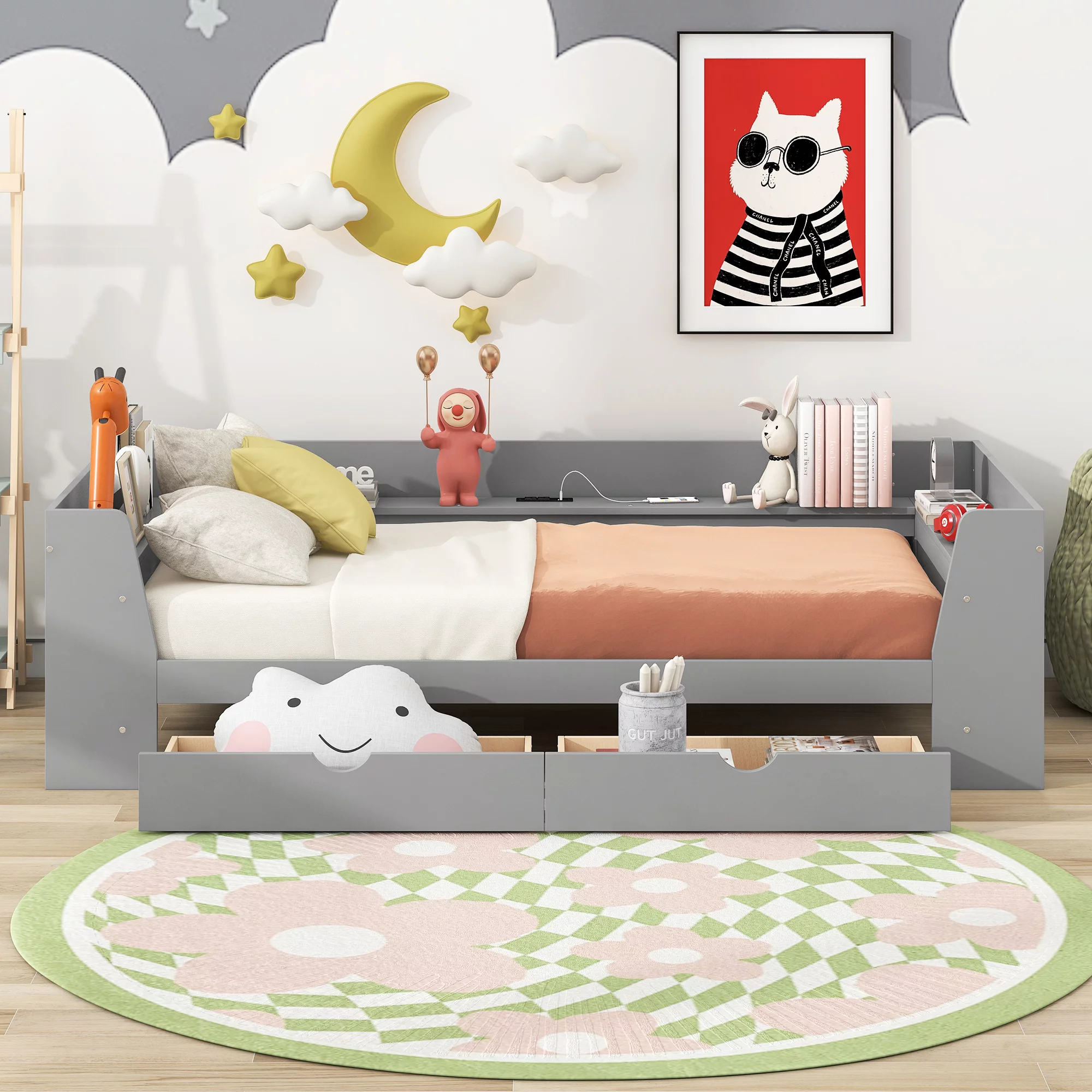 Euroco Twin Size Daybed with Shelf, Drawers and Charging Station, Gray
