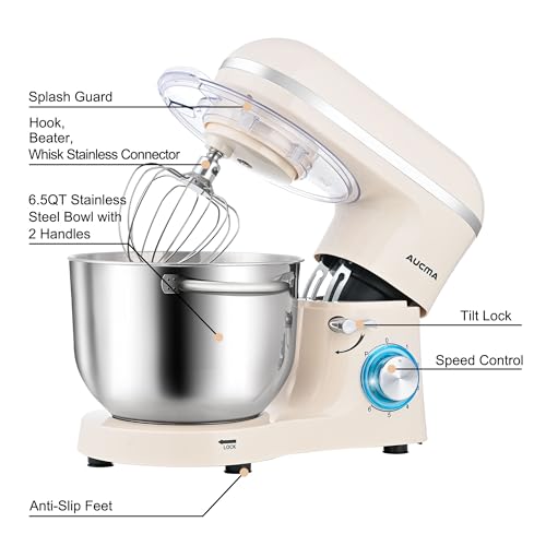 Aucma Stand Mixer,6.5-QT 660W 6-Speed Tilt-Head Food Mixer, Kitchen Electric Mixer with Dough Hook, Wire Whip & Beater (6.5QT, Black)