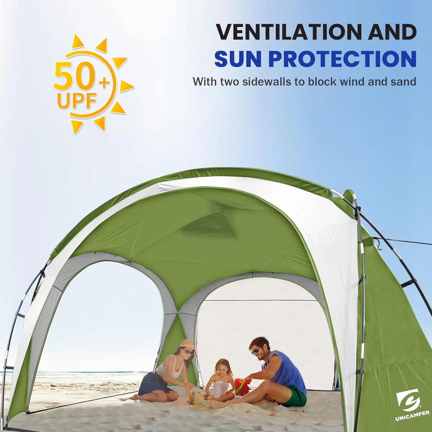 UNP Easy Beach Tent 12 X 12ft Pop Up Canopy UPF50+ Tent with Side Wall, Ground Pegs, and Stability Poles, Sun Shelter Rainproof