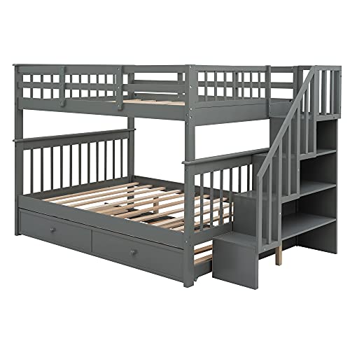 Harper & Bright Designs Twin Over Twin Bunk Bed with Stairs and Trundle, Solid Wood Stairway Bunk Bed Frame with Storage