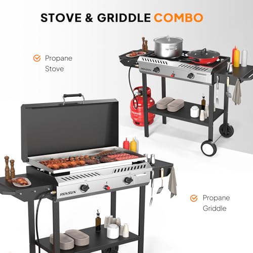 ROVSUN 2 Burner Outdoor Propane Gas Stove with Auto-ignition, Regulator & Shelf, 150