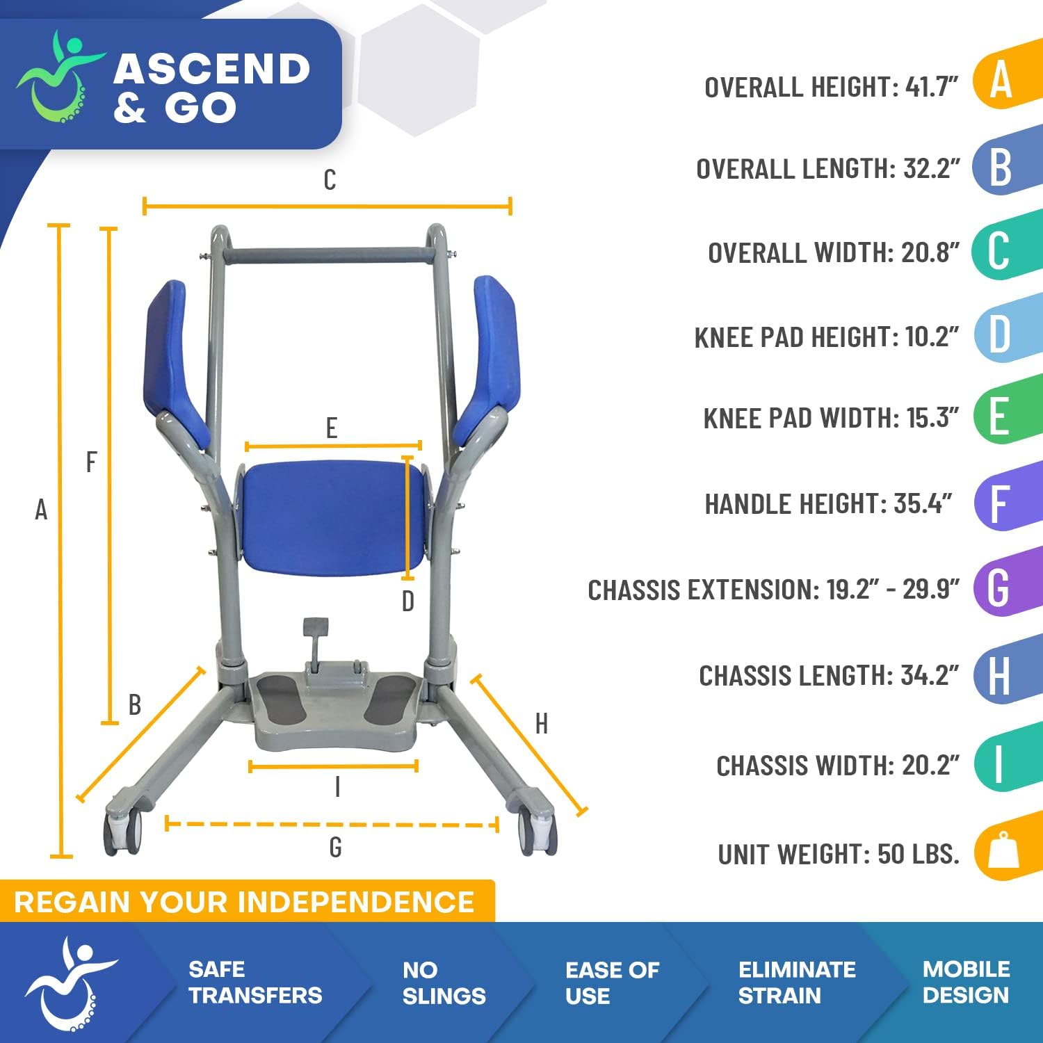 Ascend & GO - Manual Sit to Stand Elderly Assist Transfer Patient Lift Aid, Standing Assist Lift, Senior Transport Assistance Patient Chair
