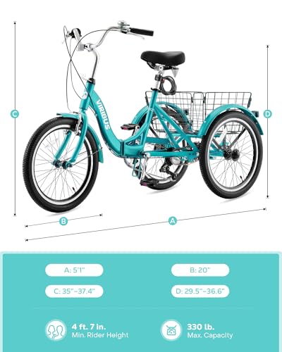 Viribus Folding Adult Tricycle, 20 inch Folding Tricycle for Adults with Lock, 1 or 7 Speed 3 Wheel Bike