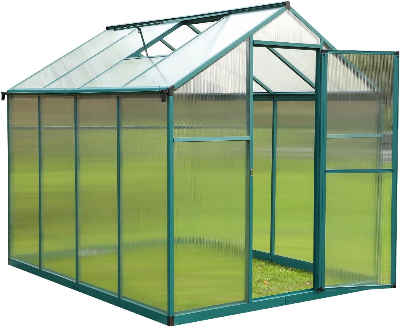 Aluminum Greenhouse for Outdoors 6'x 8', Polycarbonate Green Greenhouse with Adjustable Roof Vent and Rain Gutter