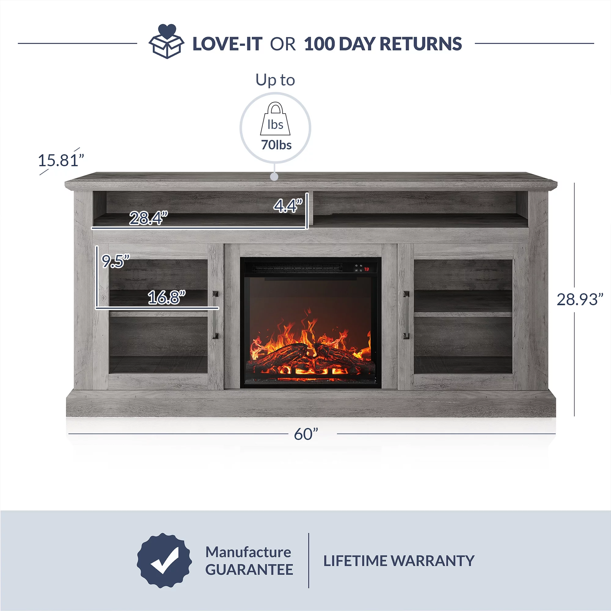 BELLEZE 60" Traditonal TV Stand Media Entertainment Center For TVs up to 65" with 18" Fireplace - Cayman (Gray Wash)