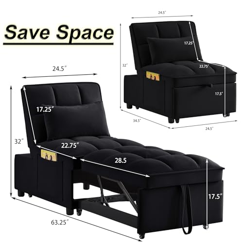 Majnesvon 4 in 1 Sleeper Chair with Pullout Sofa Bed, Convertible Lazy Sleeper Sofa Chair with Storage Pockets & Adjustable Backrest