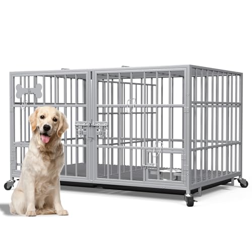 aboxoo 42/48 inch Heavy Duty Metal Dog Crate for 2 Dogs/Large Dog,All Metal Open Top,Dog Kennel Indoor with Wheels,Floor Grid, Tray