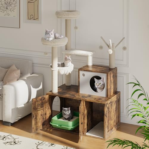 Litter Box Enclosure with Cat Tree Tower and Condo,Hidden Pet Washroom Furniture with Sisal Scratching Post,Hammocks,Condo,Multiple Platform