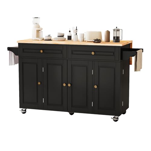 67’’ Movable Kitchen Island with Drop Leaf and Power Outlet, Lockable Sliding Countertop Rolling Island Cart with 2 Large Drawers, Spice, Towel Rack