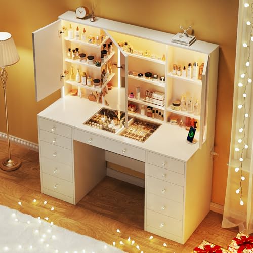 Vanity Desk with Mirror and Lights, 50" Makeup Vanity with Glass Top & Power Outlet, White Vanity with 11 Drawers & 8 Hidden Storage Shelves