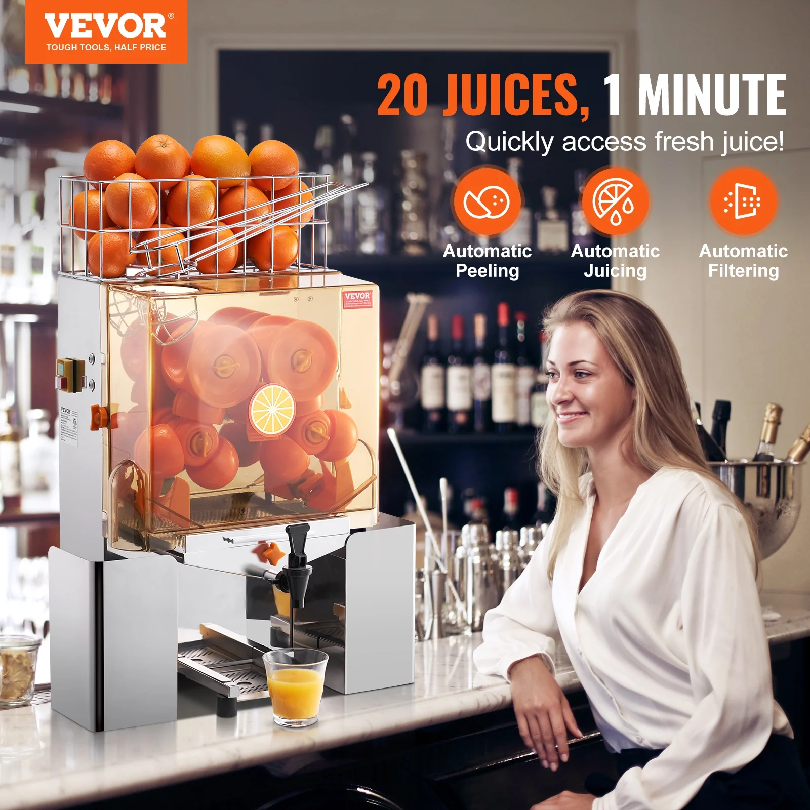 SKYSHALO Commercial Orange Juicer Machine 120W Juice Squeezer Extractor Water Tap