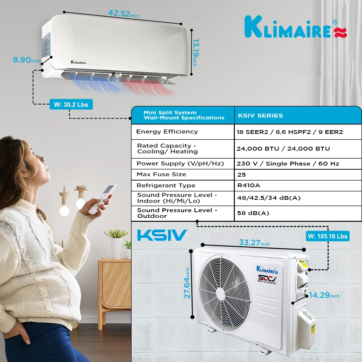 Klimaire 24,000 Btu 18.5 SEER2 Ductless Mini-Split Heat Pump Air Conditioner 1500 sq. ft.