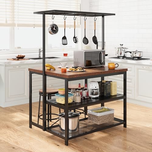 Kitchen Island with Storage, Bakers Rack with Power Outlet, Island Table for Kitchen,3 Tier Microwave Stand Oven Shelf,Large Coffee Bar Table
