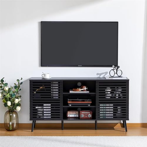 Mid-Century Modern TV Stand | 55" Wood Entertainment Center TV Console Table with Storage Hollow Door