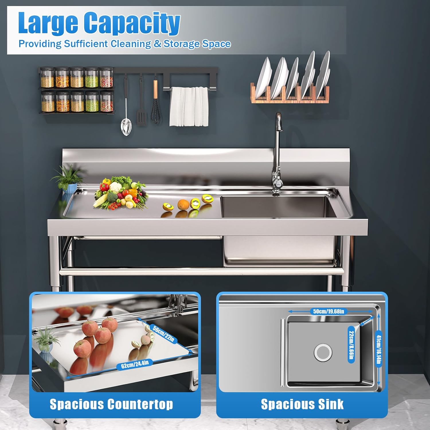 Stainless-Steel Commercial Restaurant Kitchen Sink Set with Faucet Single Bowl, Free Standing Basin w/Workbench & Storage Shelves for Kitchen
