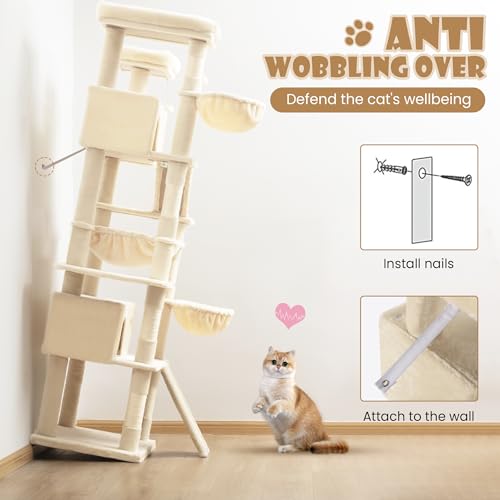 SHA CERLIN 81in Multi-Level Tall Cat Tree Tower for Indoor Kitties/Larger Cat Condo Furniture with Hammock/Cozy Pussycat Perches/Sisal Scratching